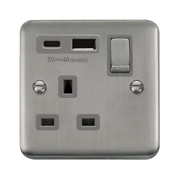 Click DPSS585GY Deco Plus Stainless Steel 1 Gang 13A 1x USB-A 1x USB-C 4A Switched Socket - Grey Insert