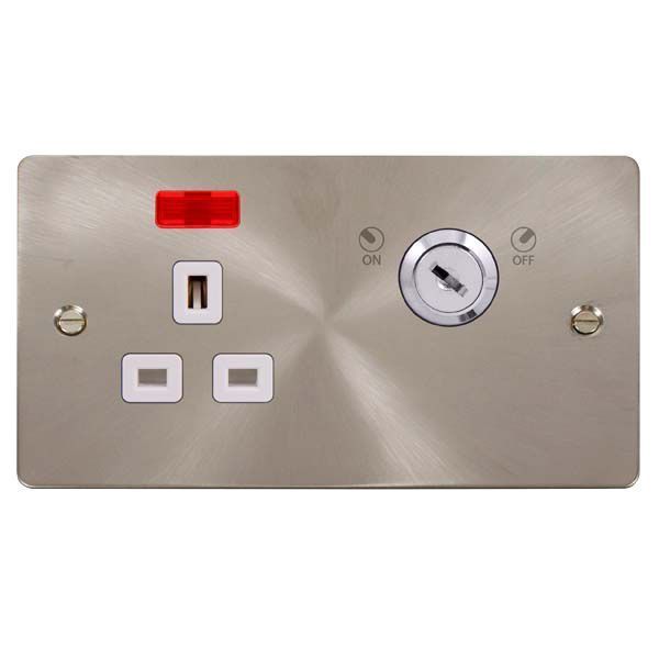 Click FPBS655WH Define Brushed Steel Ingot 1 Gang 13A Double Plate Neon 2 Pole Key Lockable Switched Socket - White Insert