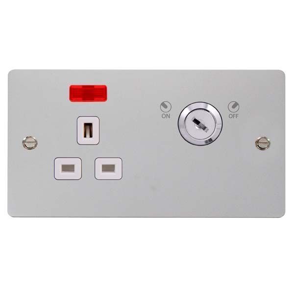 Click FPCH655WH Define Polished Chrome Ingot 1 Gang 13A Double Plate Neon 2 Pole Key Lockable Switched Socket - White Insert