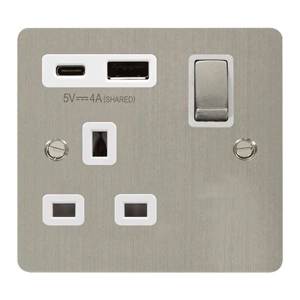 Click FPSS585WH Define Stainless Steel 1 Gang 13A 1x USB-A 1x USB-C 4A Switched Socket - White Insert