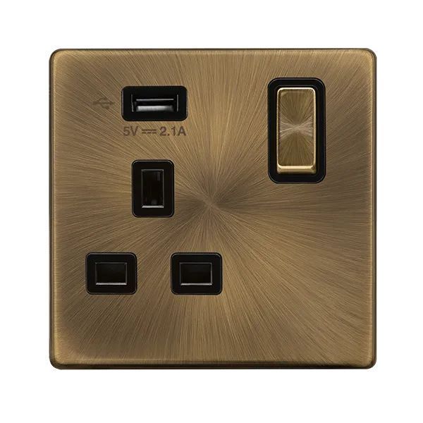 Click SFAB571UBK Definity Complete Antique Brass 1 Gang 13A 1x USB-A 2.1A Switched Socket