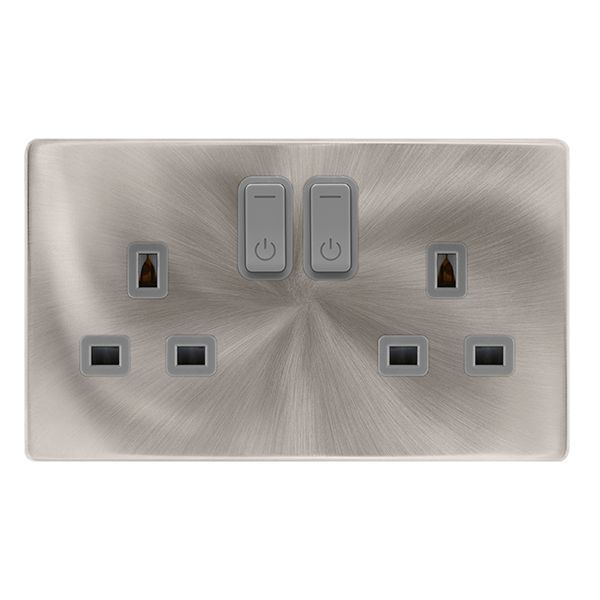 Click SFBS30036GY Definity Complete Brushed Steel Screwless 2 Gang 13A Zigbee Smart Switched Socket - Grey Insert
