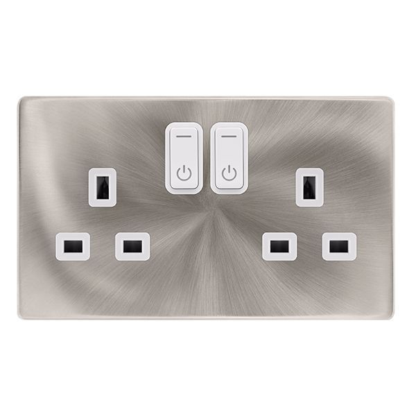 Click SFBS30036PW Definity Complete Brushed Steel Screwless 2 Gang 13A Zigbee Smart Switched Socket - White Insert