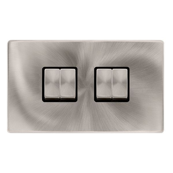 Click SFBS414BK Definity Complete Brushed Steel Screwless 4 Gang 10AX 2 Way Plate Switch - Black Insert