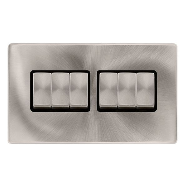 Click SFBS416BK Definity Complete Brushed Steel Screwless 6 Gang 10AX 2 Way Plate Switch - Black Insert