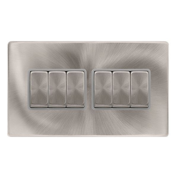 Click SFBS416GY Definity Complete Brushed Steel Screwless 6 Gang 10AX 2 Way Plate Switch - Grey Insert
