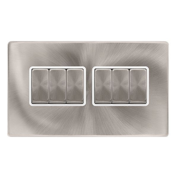 Click SFBS416PW Definity Complete Brushed Steel Screwless 6 Gang 10AX 2 Way Plate Switch - White Insert