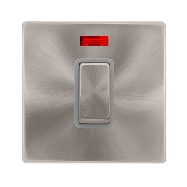 Click SFBS501GY Definity Complete Brushed Steel Screwless 1 Gang 50A 2 Pole Neon Plate Switch - Grey Insert
