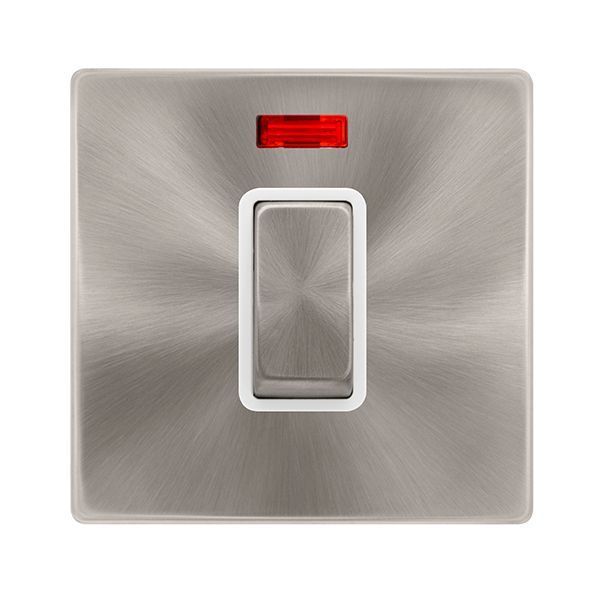 Click SFBS501PW Definity Complete Brushed Steel Screwless 1 Gang 50A 2 Pole Neon Plate Switch - White Insert