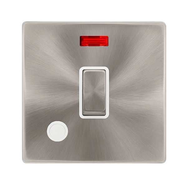 Click SFBS523PW Definity Complete Brushed Steel Screwless 20A 2 Pole Flex Outlet Neon Plate Switch - White Insert