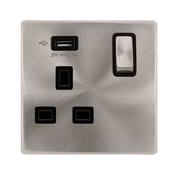 Click SFBS571UBK Definity Complete Brushed Steel Screwless 1 Gang 13A 1x USB-A 2.1A Switched Socket - Black Insert