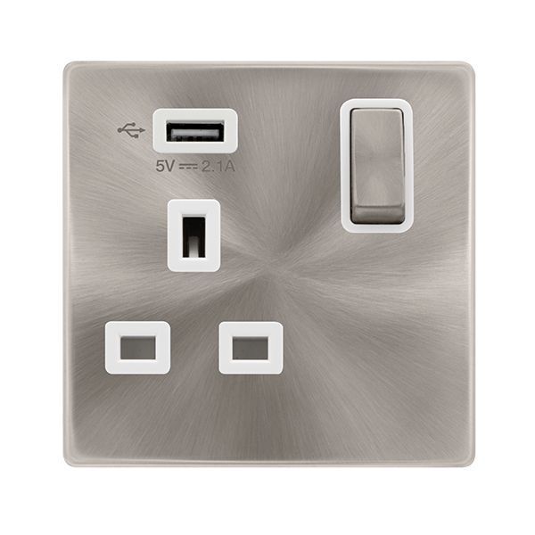 Click SFBS571UPW Definity Complete Brushed Steel Screwless 1 Gang 13A 1x USB-A 2.1A Switched Socket - White Insert