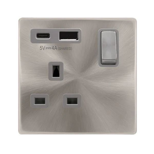 Click SFBS585GY Definity Complete Brushed Steel Ingot 1 Gang 13A 1x USB-A 1x USB-C 4A Switched Socket - Grey Insert
