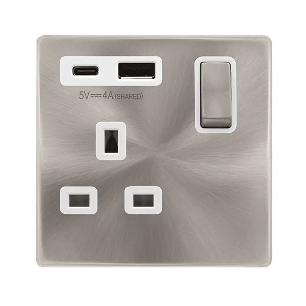 Click SFBS585PW Definity Complete Brushed Steel Ingot 1 Gang 13A 1x USB-A 1x USB-C 4A Switched Socket - White Insert