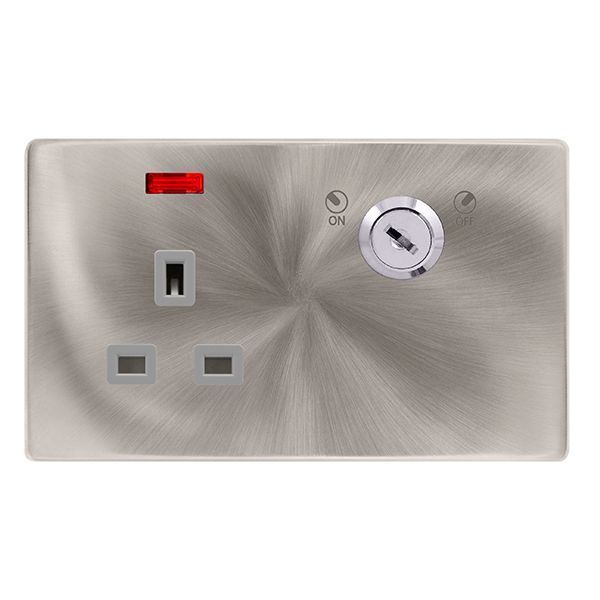 Click SFBS655GY Definity Complete Brushed Steel Screwless 1 Gang 13A 2 Pole Neon Lockable Switched Socket - Grey Insert