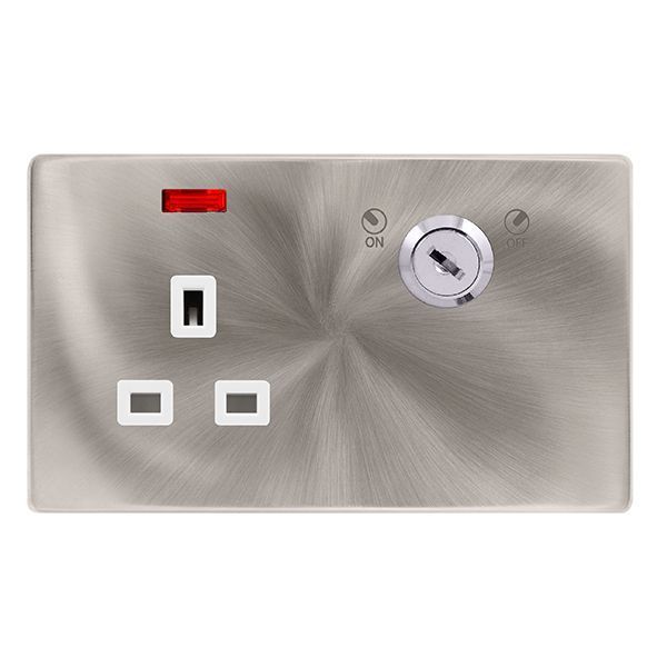 Click SFBS655PW Definity Complete Brushed Steel Screwless 1 Gang 13A 2 Pole Neon Lockable Switched Socket - White Insert