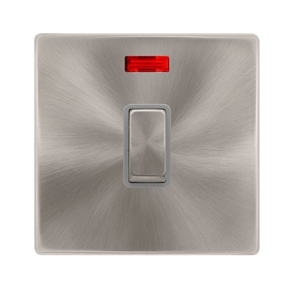 Click SFBS723GY Definity Complete Brushed Steel Screwless 1 Gang 20A 2 Pole Neon Plate Switch - Grey Insert