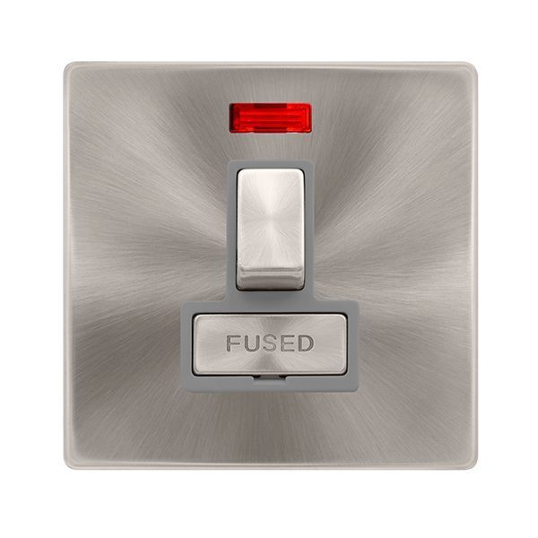 Click SFBS752GY Definity Complete Brushed Steel Screwless 1 Gang 13A 2 Pole Neon Switched Fused Spur Unit - Grey Insert