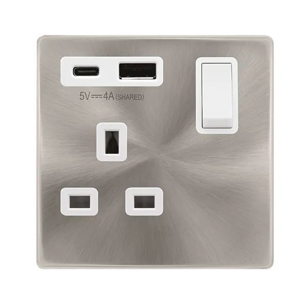 Click SFBS785PW Definity Complete Brushed Steel 1 Gang 13A 1x USB-A 1x USB-C 4A Switched Socket - White Insert