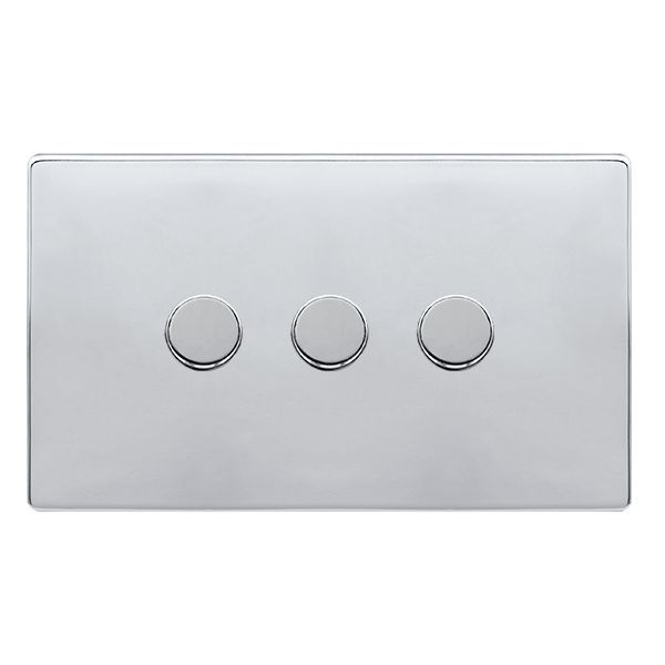 Click SFCH163 Definity Complete Polished Chrome Screwless 3 Gang 100W 2 Way Trailing Edge Dimmer Switch