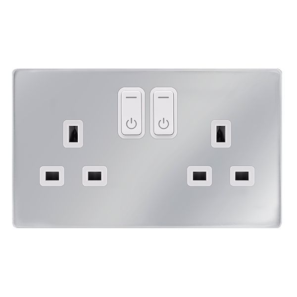 Click SFCH30036PW Definity Complete Polished Chrome Screwless 2 Gang 13A Zigbee Smart Switched Socket - White Insert