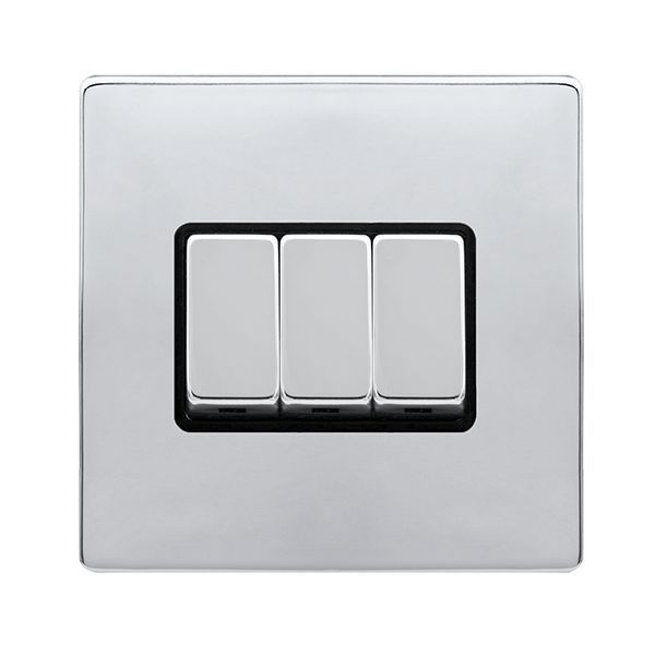 Click SFCH413BK Definity Complete Polished Chrome Screwless 3 Gang 10AX 2 Way Plate Switch - Black Insert