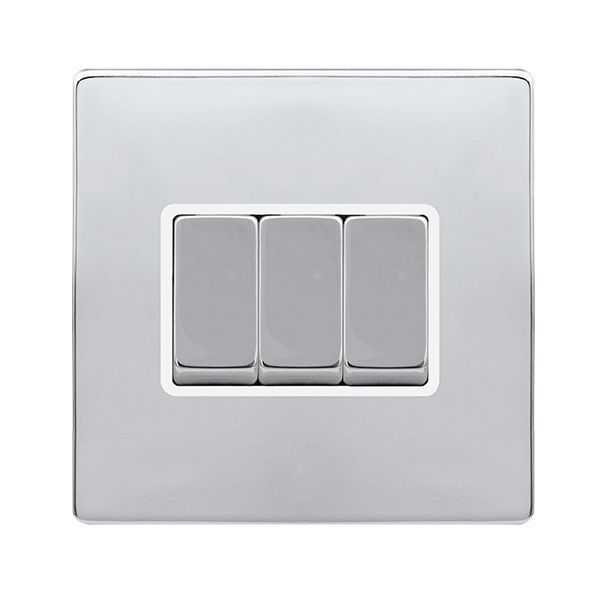 Click SFCH413PW Definity Complete Polished Chrome Screwless 3 Gang 10AX 2 Way Plate Switch - White Insert