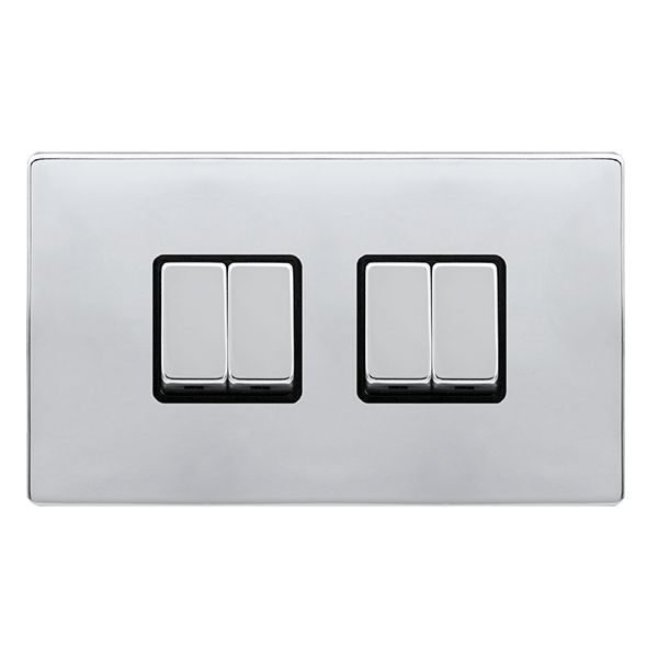 Click SFCH414BK Definity Complete Polished Chrome Screwless 4 Gang 10AX 2 Way Plate Switch - Black Insert