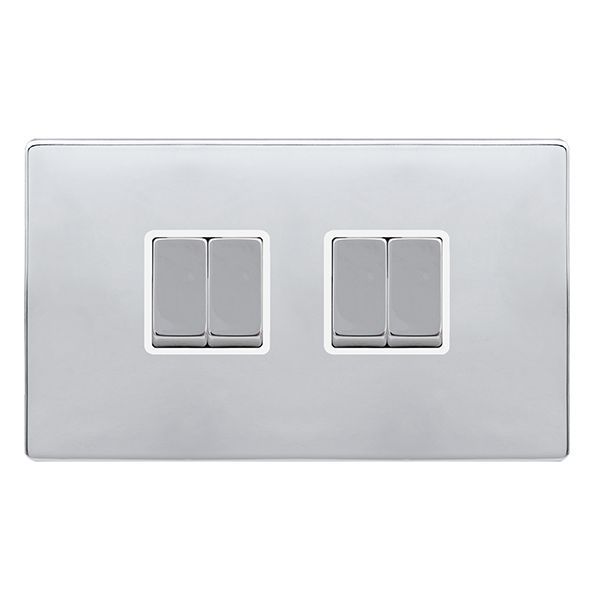 Click SFCH414PW Definity Complete Polished Chrome Screwless 4 Gang 10AX 2 Way Plate Switch - White Insert