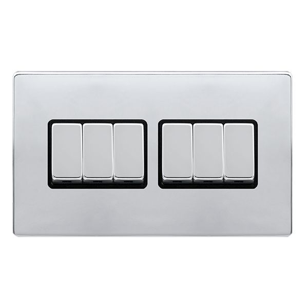 Click SFCH416BK Definity Complete Polished Chrome Screwless 6 Gang 10AX 2 Way Plate Switch - Black Insert