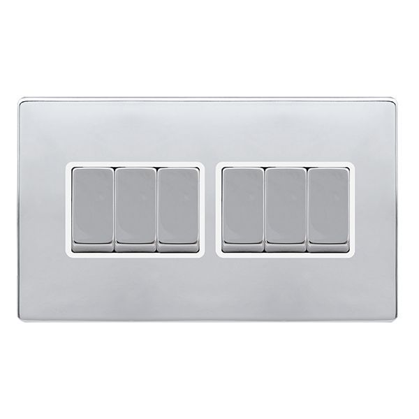 Click SFCH416PW Definity Complete Polished Chrome Screwless 6 Gang 10AX 2 Way Plate Switch - White Insert