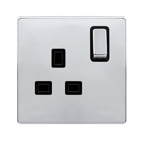 Click SFCH535BK Definity Complete Polished Chrome Screwless 1 Gang 13A 2 Pole Switched Socket - Black Insert