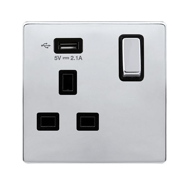 Click SFCH571UBK Definity Complete Polished Chrome Screwless 1 Gang 13A 1x USB-A 2.1A Switched Socket - Black Insert