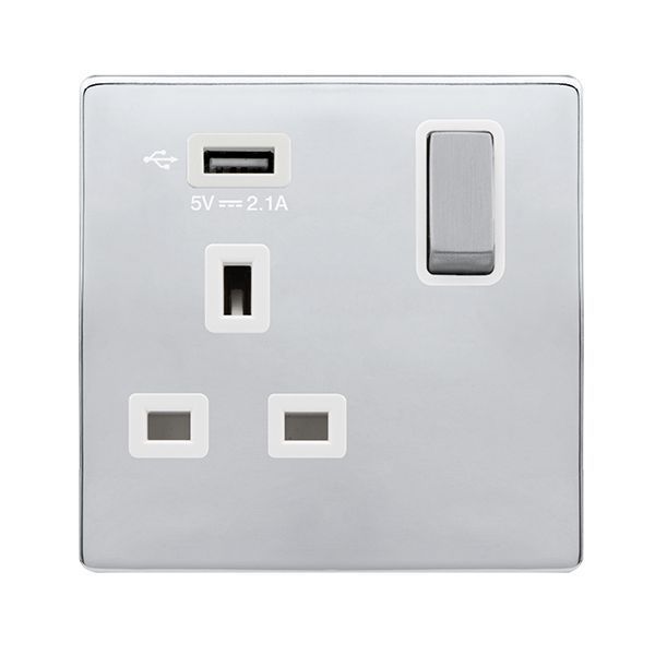Click SFCH571UPW Definity Complete Polished Chrome Screwless 1 Gang 13A 1x USB-A 2.1A Switched Socket - White Insert