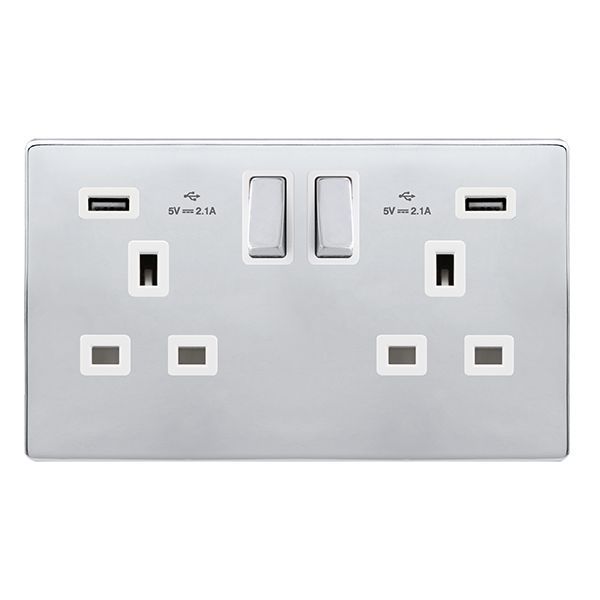 Click SFCH580PW Definity Complete Polished Chrome Screwless 2 Gang 13A 2x USB-A 2.1A Switched Socket - White Insert