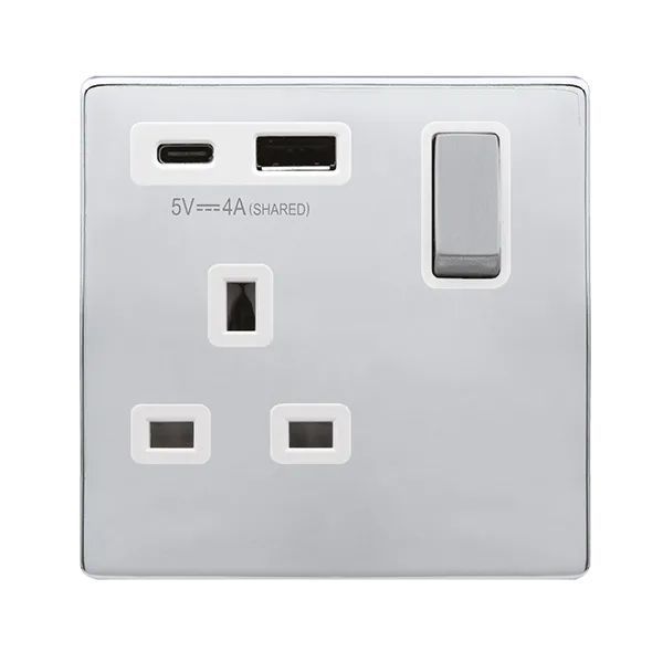 Click SFCH585PW Definity Complete Polished Chrome Ingot 1 Gang 13A 1x USB-A 1x USB-C 4A Switched Socket - White Insert