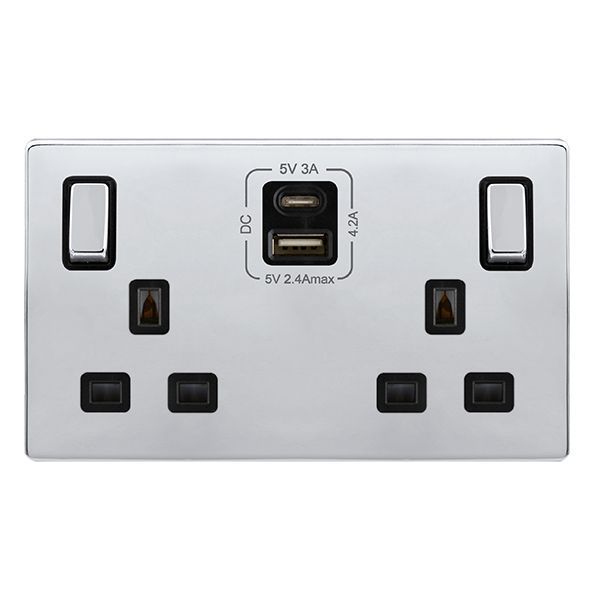 Click SFCH586BK Definity Complete Polished Chrome Screwless 2 Gang 13A 1x USB-A 1x USB-C 4.2A Switched Socket - Black Insert