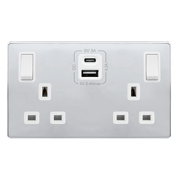 Click SFCH586PW Definity Complete Polished Chrome Screwless 2 Gang 13A 1x USB-A 1x USB-C 4.2A Switched Socket - White Insert