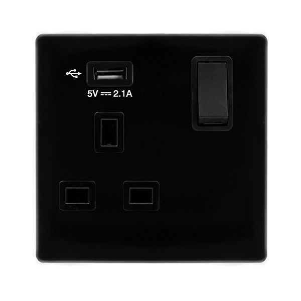 Click SFMB771UBK Definity Complete Metal Black Screwless 1 Gang 13A 1x USB-A 2.1A Switched Socket