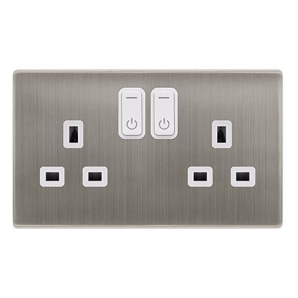 Click SFSS30036PW Definity Complete Stainless Steel Screwless 2 Gang 13A Zigbee Smart Switched Socket - White Insert