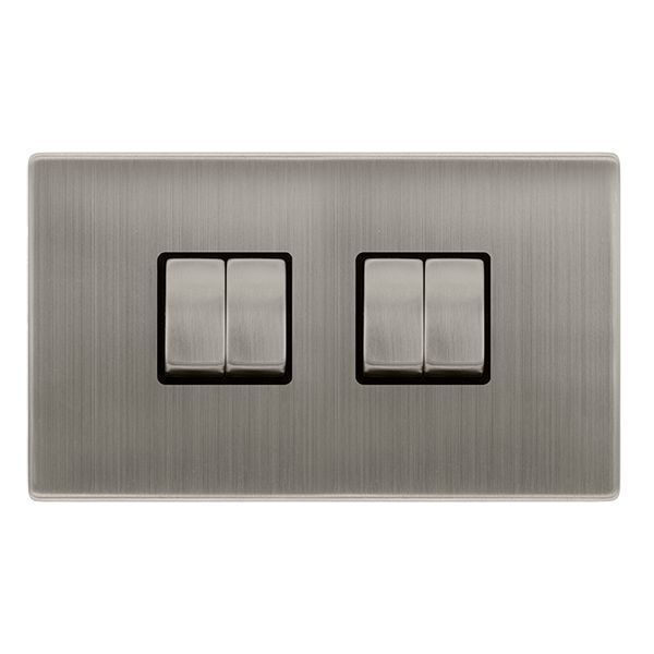 Click SFSS414BK Definity Complete Stainless Steel Screwless 4 Gang 10AX 2 Way Plate Switch - Black Insert