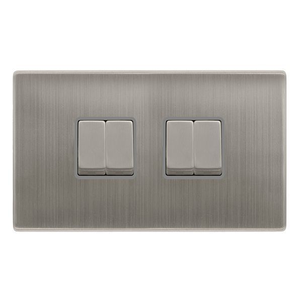 Click SFSS414GY Definity Complete Stainless Steel Screwless 4 Gang 10AX 2 Way Plate Switch - Grey Insert