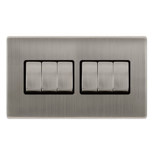 Click SFSS416BK Definity Complete Stainless Steel Screwless 6 Gang 10AX 2 Way Plate Switch - Black Insert