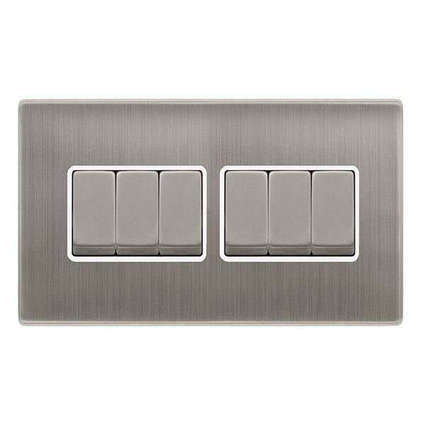 Click SFSS416PW Definity Complete Stainless Steel Screwless 6 Gang 10AX 2 Way Plate Switch - White Insert