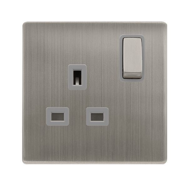 Click SFSS535GY Definity Complete Stainless Steel Screwless 1 Gang 13A 2 Pole Switched Socket - Grey Insert