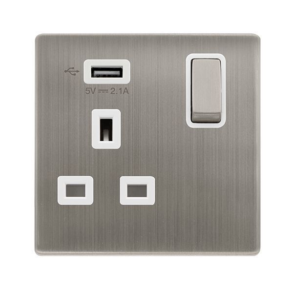 Click SFSS571UPW Definity Complete Stainless Steel Screwless 1 Gang 13A 1x USB-A 2.1A Switched Socket - White Insert
