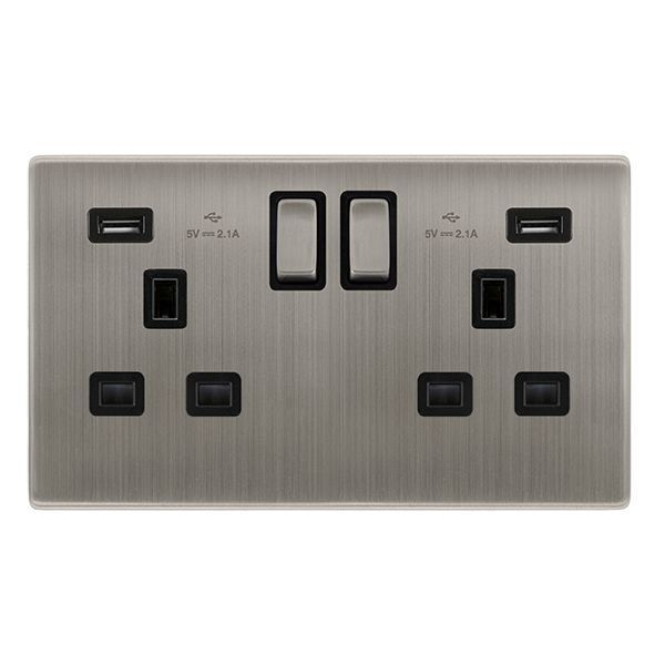Click SFSS580BK Definity Complete Stainless Steel Screwless 2 Gang 13A 2x USB-A 2.1A Switched Socket - Black Insert