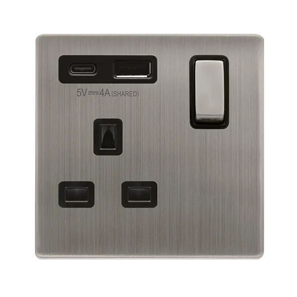Click SFSS585BK Definity Complete Stainless Steel Ingot 1 Gang 13A 1x USB-A 1x USB-C 4A Switched Socket - Black Insert