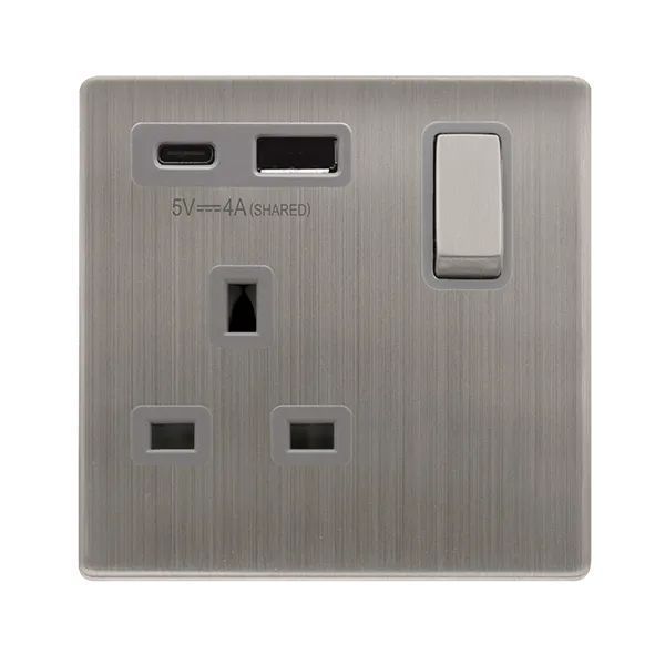 Click SFSS585GY Definity Complete Stainless Steel Ingot 1 Gang 13A 1x USB-A 1x USB-C 4A Switched Socket - Grey Insert