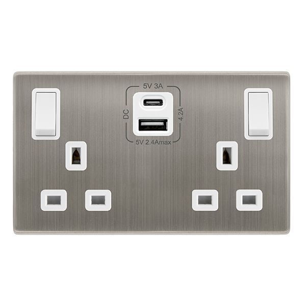 Click SFSS586PW Definity Complete Stainless Steel Screwless 2 Gang 13A 1x USB-A 1x USB-C 4.2A Switched Socket - White Insert